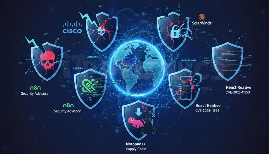 Infografika kybernetických hrozieb a zraniteľností Cisco, SolarWinds, n8n a React Native pre týždeň od 9. februára 2026.
